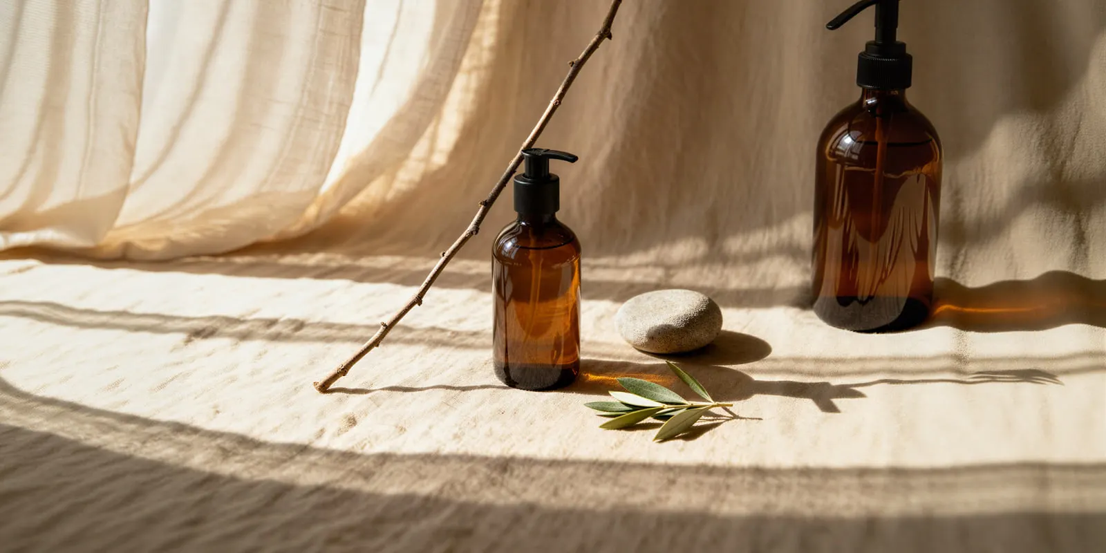 Two amber pump bottles sit on draped linen beside a pebble and an olive sprig, a real product rather than a lookalike