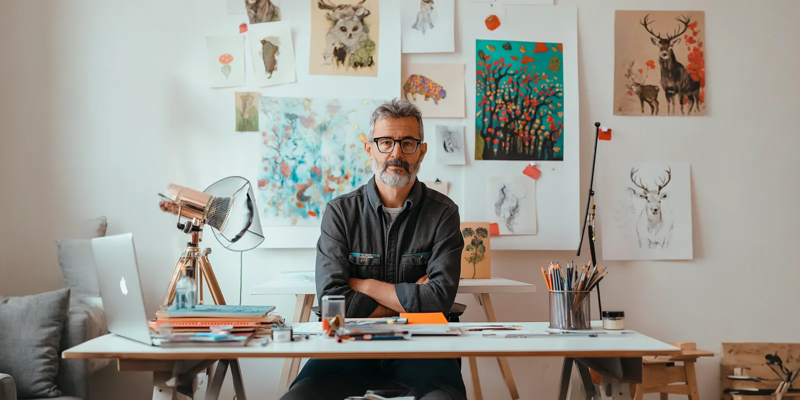 A man with glasses sits with crossed arms at a desk with a laptop, pencils and books, a freelance designer paid only for work done