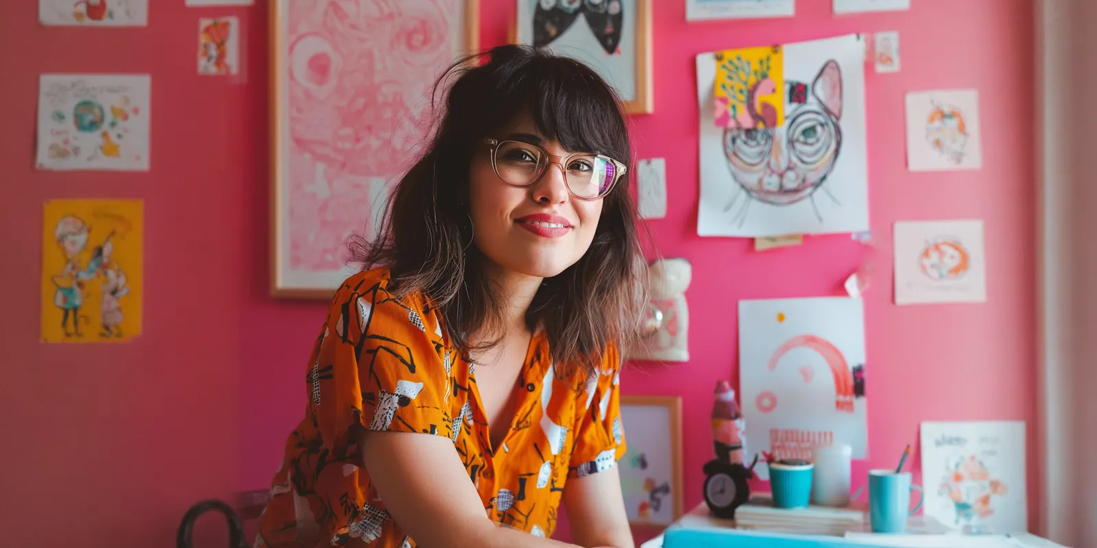 Woman in glasses sits at her desk before a wall of illustrations, the drawing judgment a boarding artist brings to staging