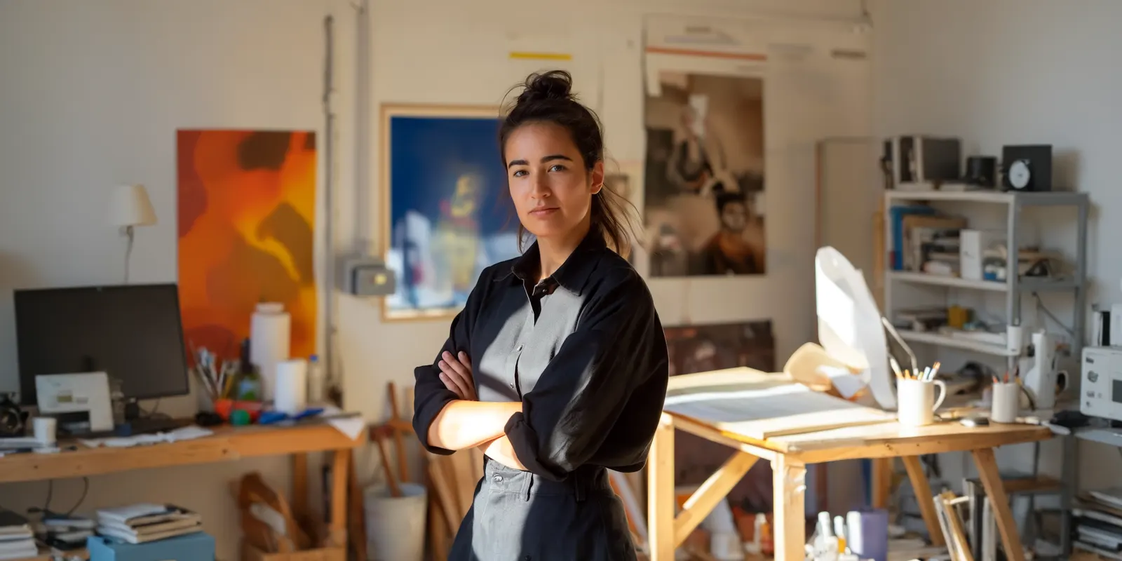 Woman in a dark shirt with crossed arms in an art studio with paintings and a monitor, facing the file count behind one ad idea