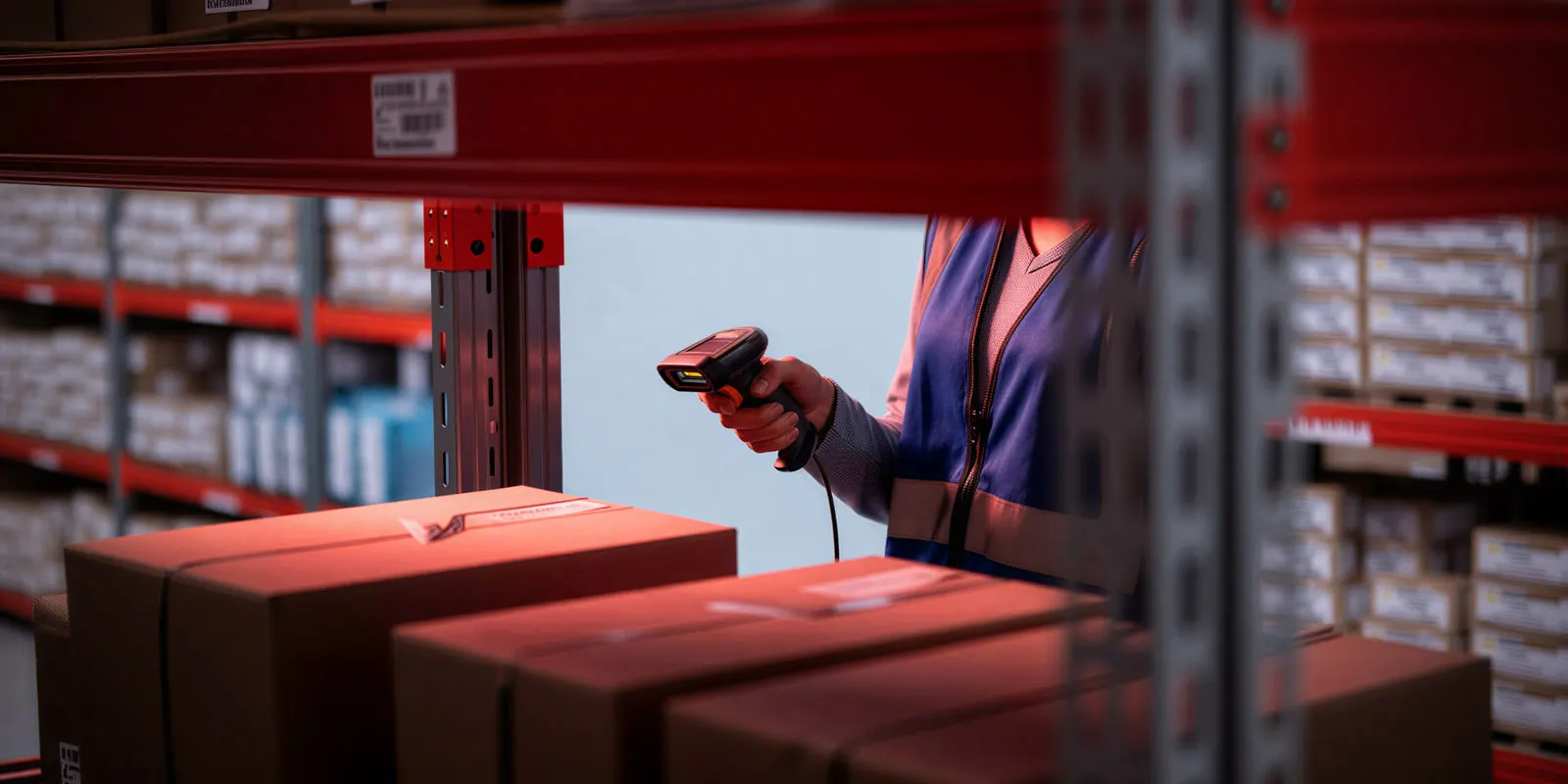 A person in a blue vest scans cardboard boxes with a handheld barcode scanner in a warehouse, one of the zones an online store runs