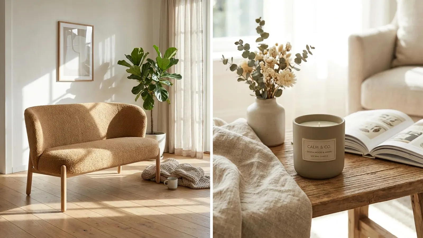 A sunlit living room with a sofa, and an unlit candle on a wooden table with dried flowers and a book, a room scene for the lifestyle slot