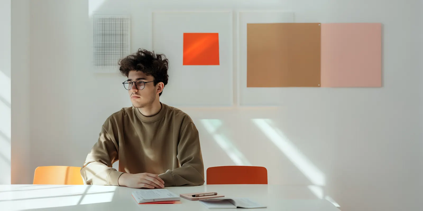 Young man in glasses at a white table with notebooks under color panels on the wall, the written color rules that keep a look steady