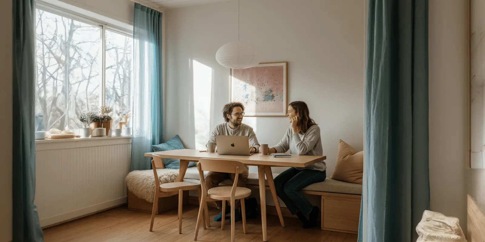 Two people at an oak dining table with cane chairs and a laptop, checking results against the real furniture in the room
