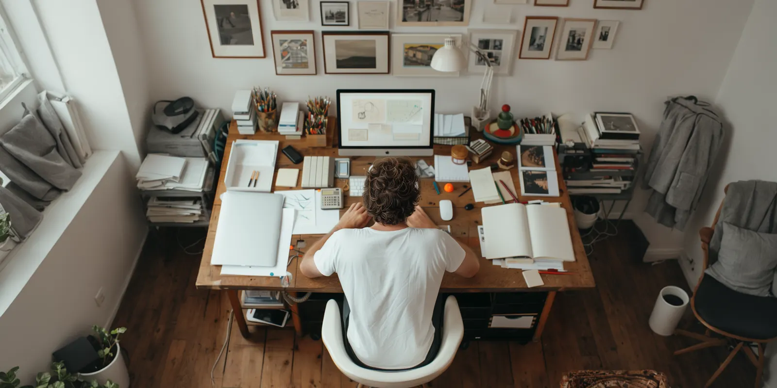 Man seen from above at a wooden desk with a monitor, notebooks and a calculator, comparing what each tool tier includes
