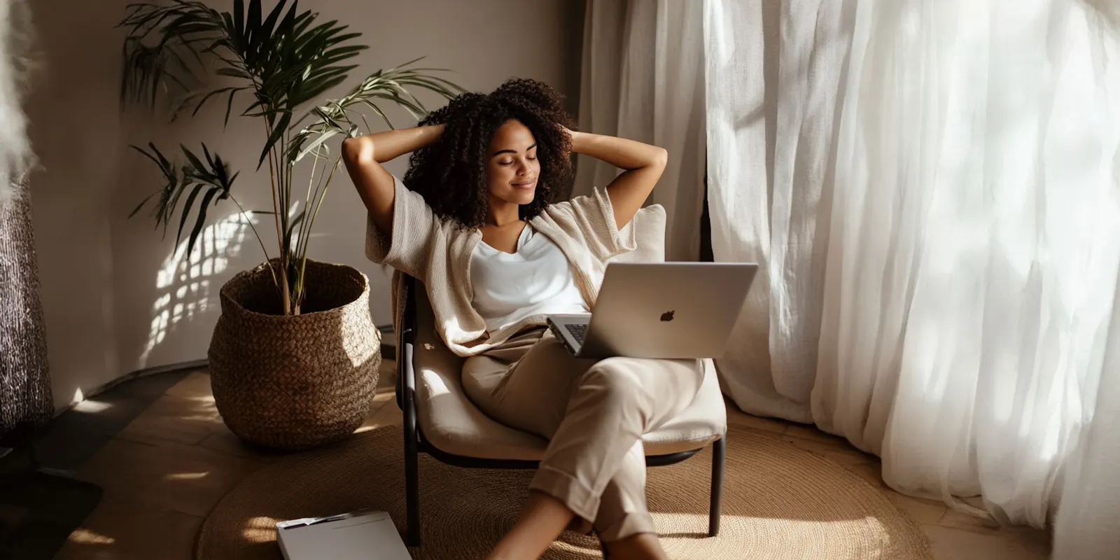 Woman leans back in a chair with a laptop on her lap beside a plant, the waiting days a revision round adds