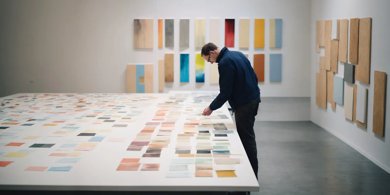 A man leans over a long table covered with color and material swatches and sample boards, real references gathered in one place