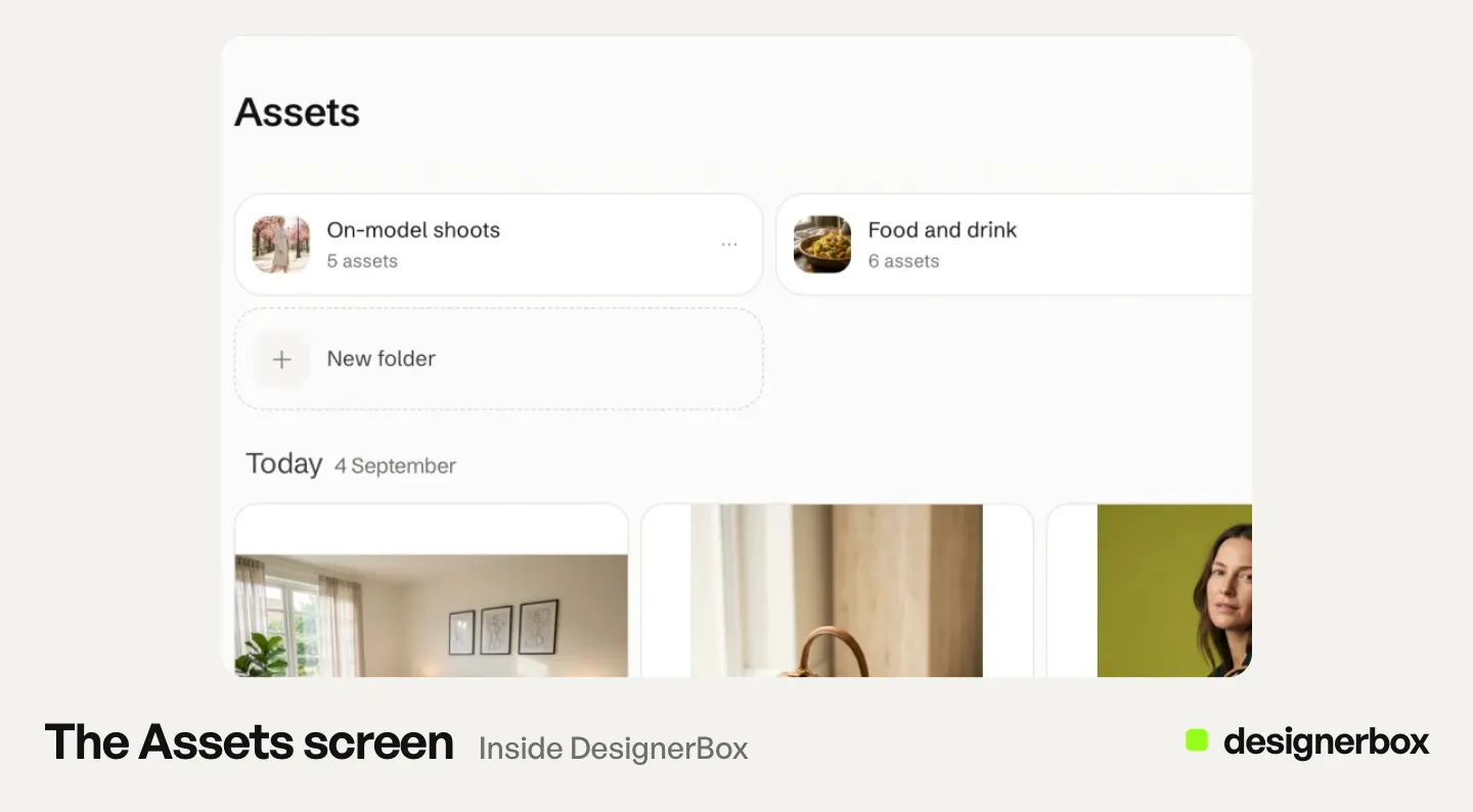The Assets screen in the DesignerBox app, with folders and the results made today