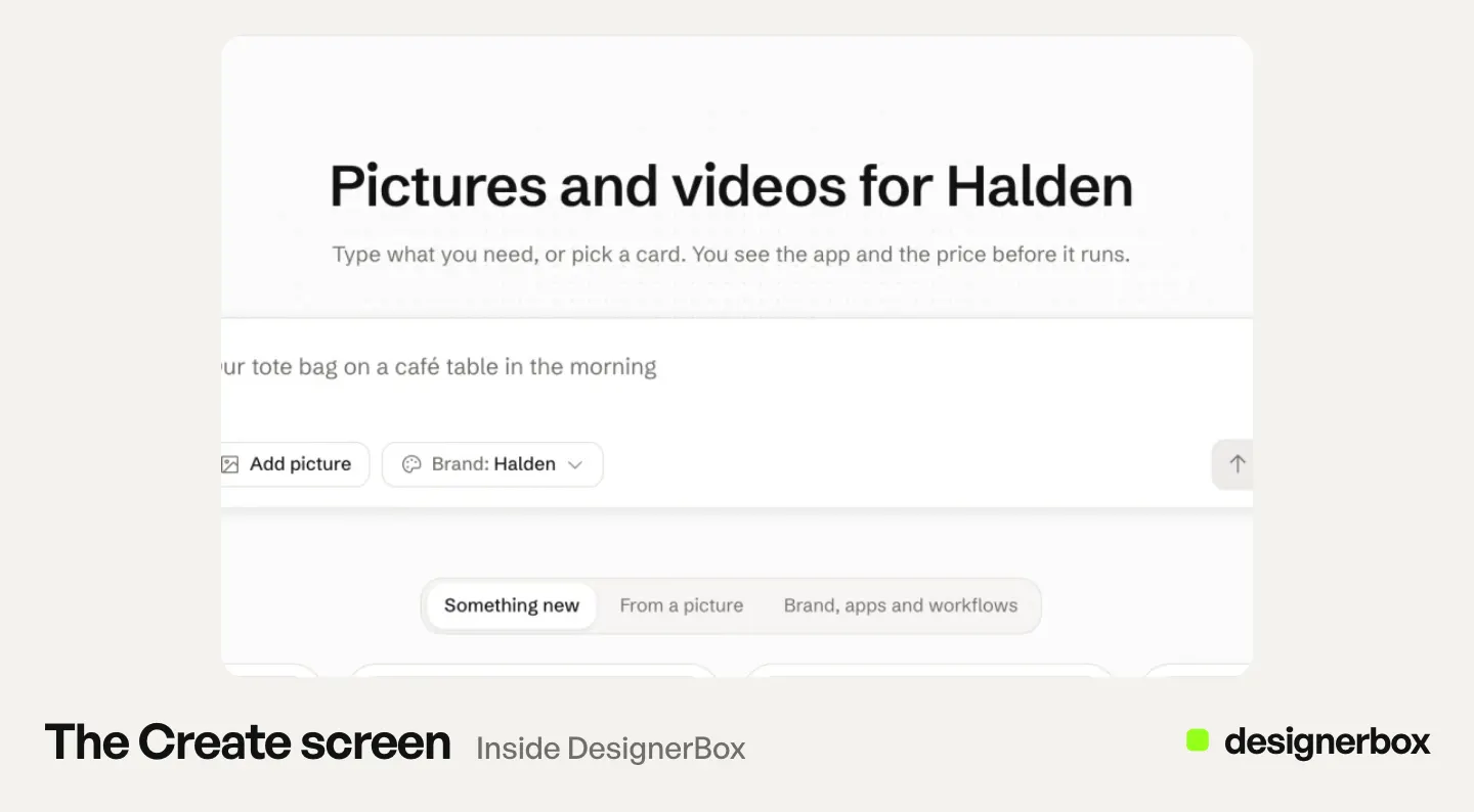 The Create screen in the DesignerBox app, where you type what you need or pick a card