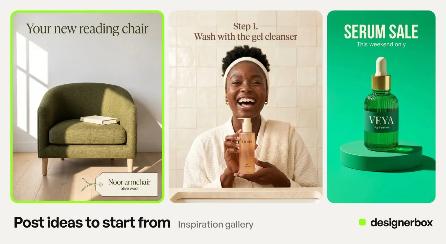 Post ideas from the DesignerBox Inspiration gallery, with the armchair post marked
