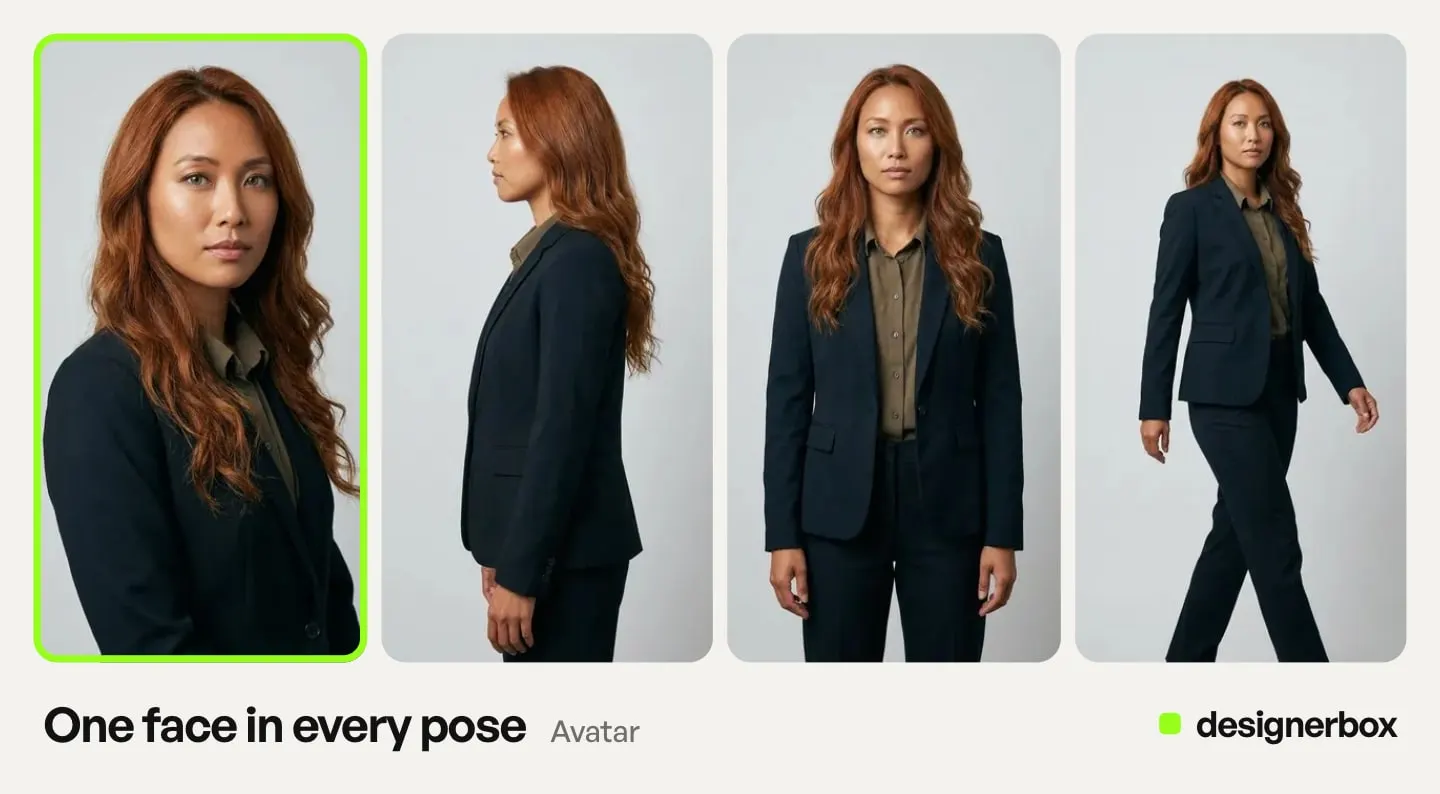 One DesignerBox avatar in several poses, with the front pose marked