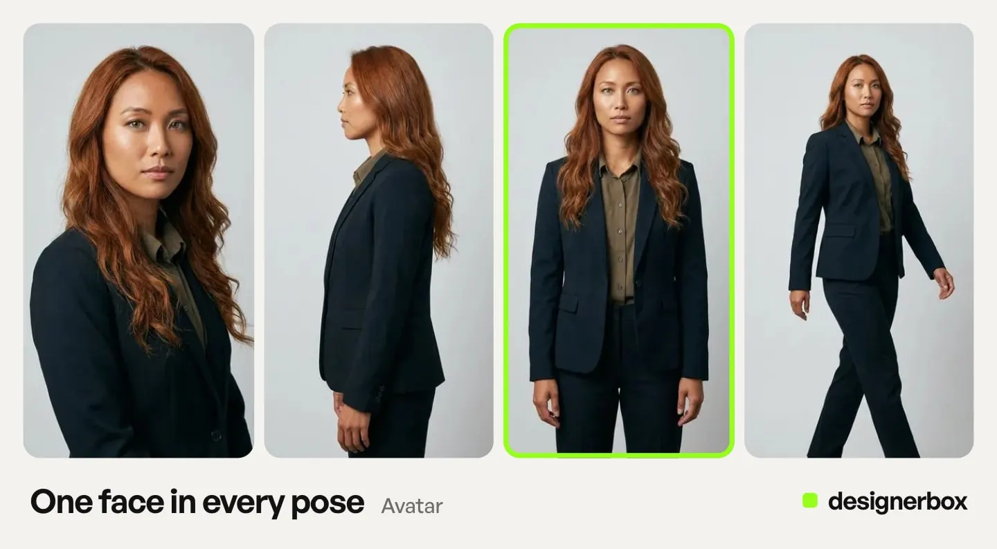 One DesignerBox avatar in several poses, with the full body pose marked