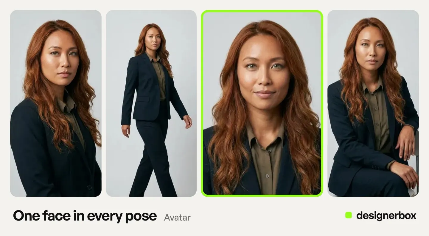 One DesignerBox avatar in several poses, with the head and shoulders pose marked