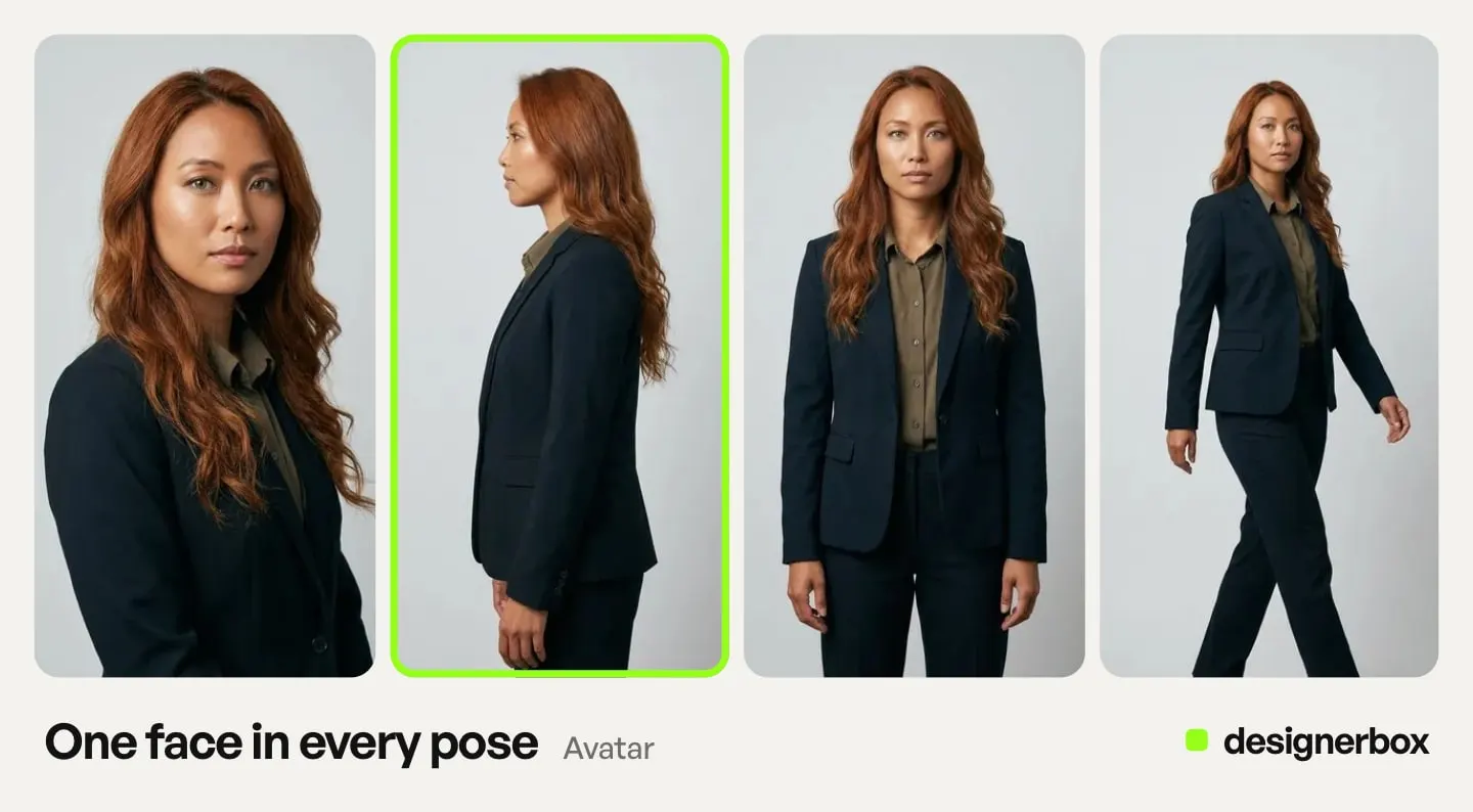 One DesignerBox avatar in several poses, with the side pose marked
