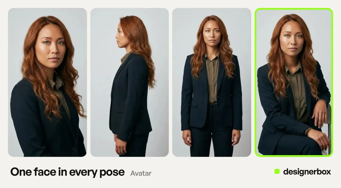 One DesignerBox avatar in several poses, with the sitting pose marked