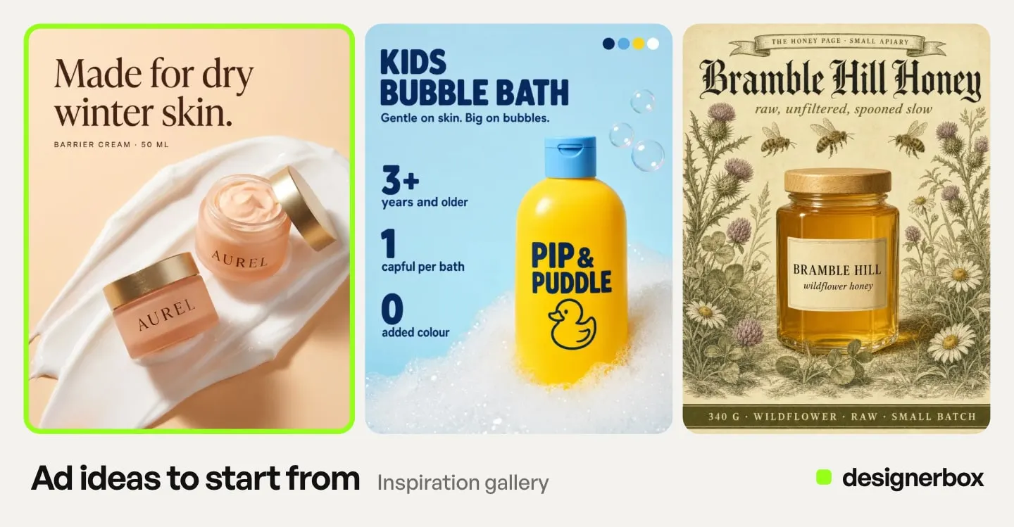 Ad ideas from the DesignerBox Inspiration gallery, with the barrier cream ad marked