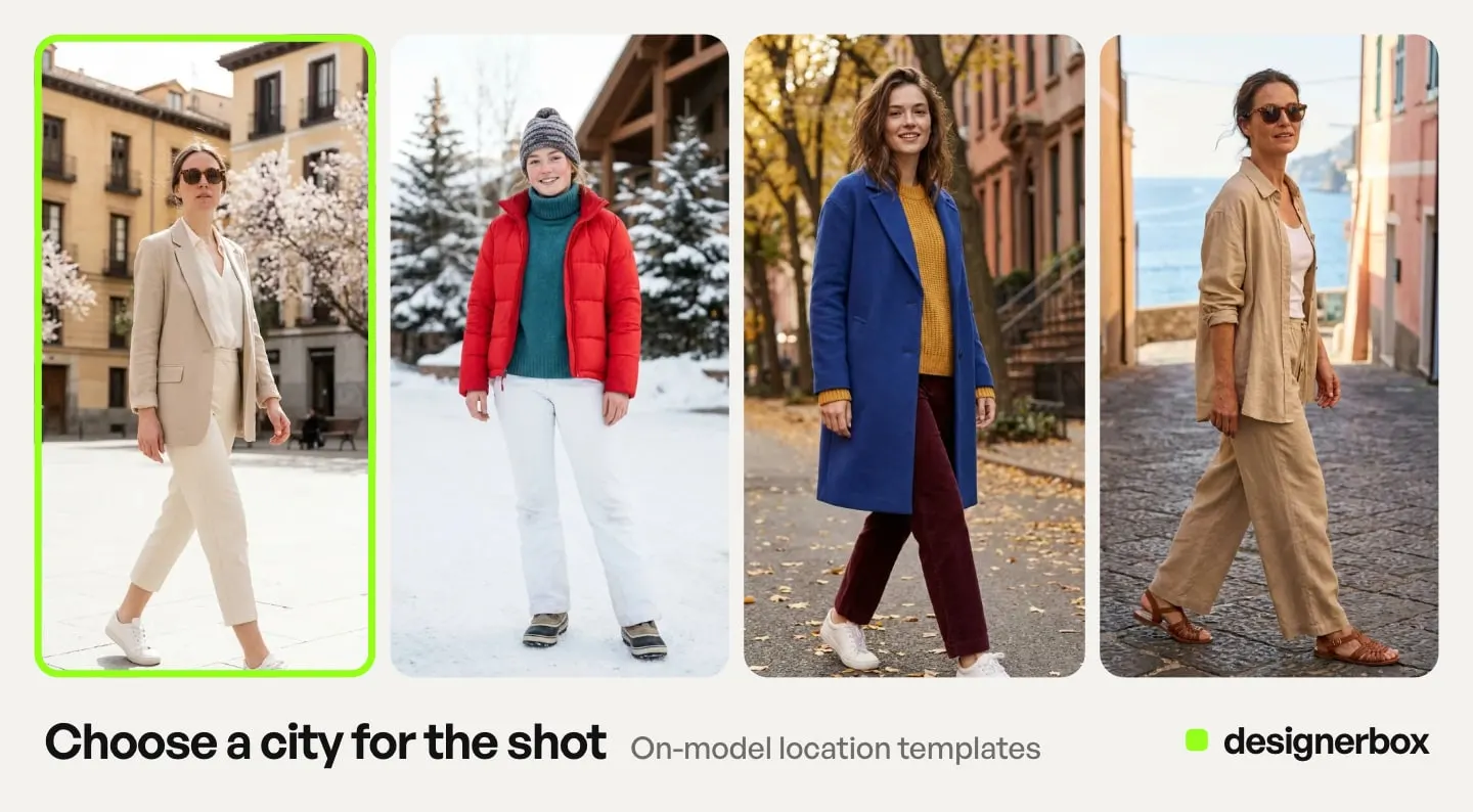 On-model location templates in DesignerBox, with the beige blazer and trousers on a model marked