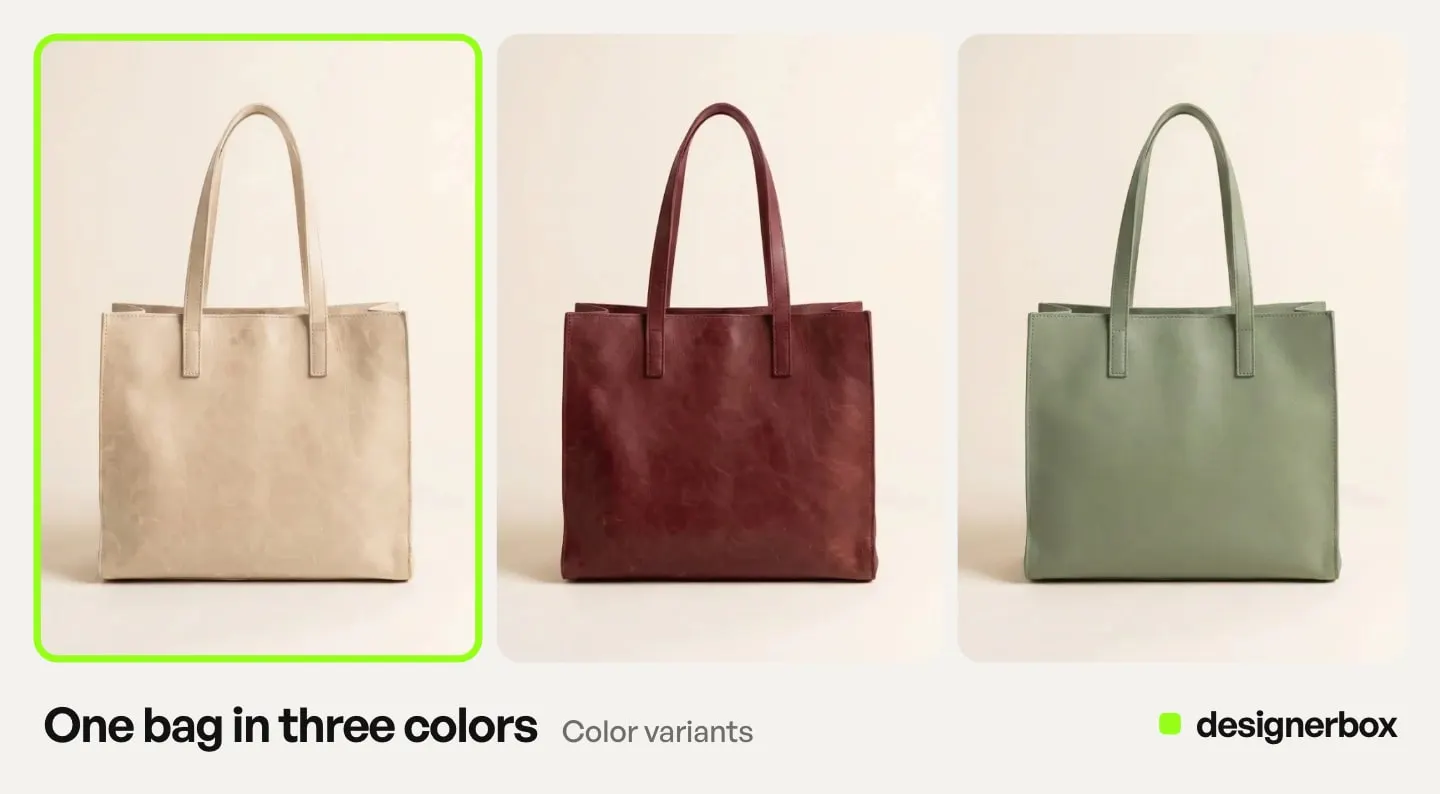 One leather tote in three colors, beige, dark red and sage, made with DesignerBox