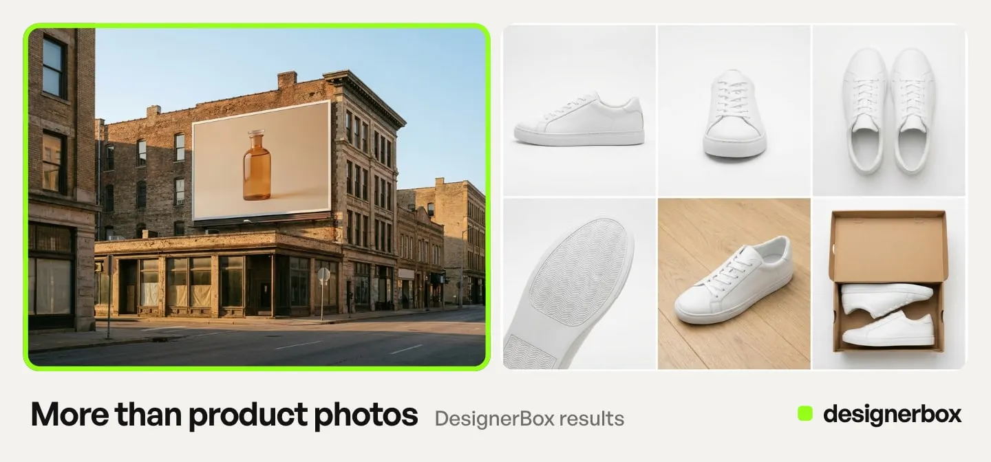 DesignerBox results beyond product photos: a billboard, a listing set and packaging