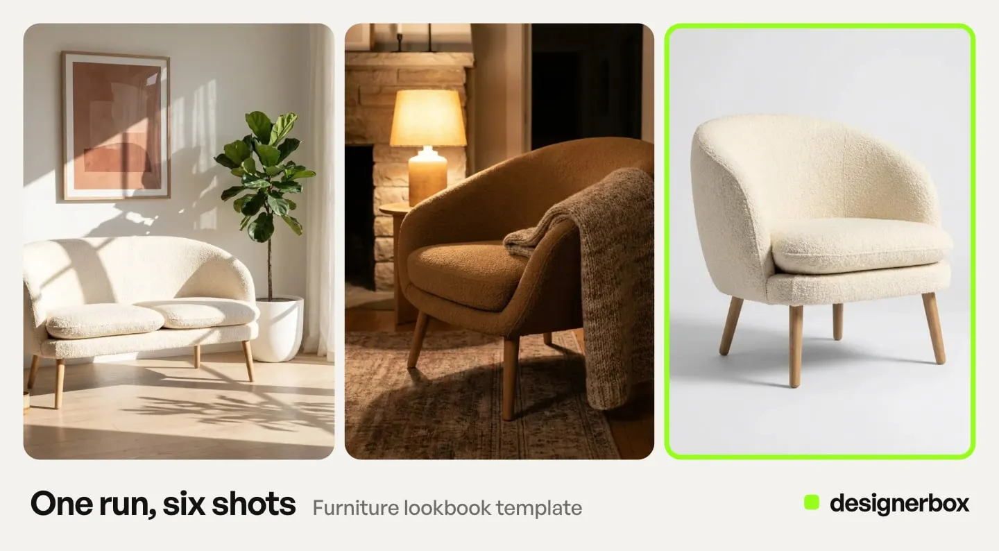 Results from one run of the Furniture lookbook template in DesignerBox, with the boucle armchair packshot marked