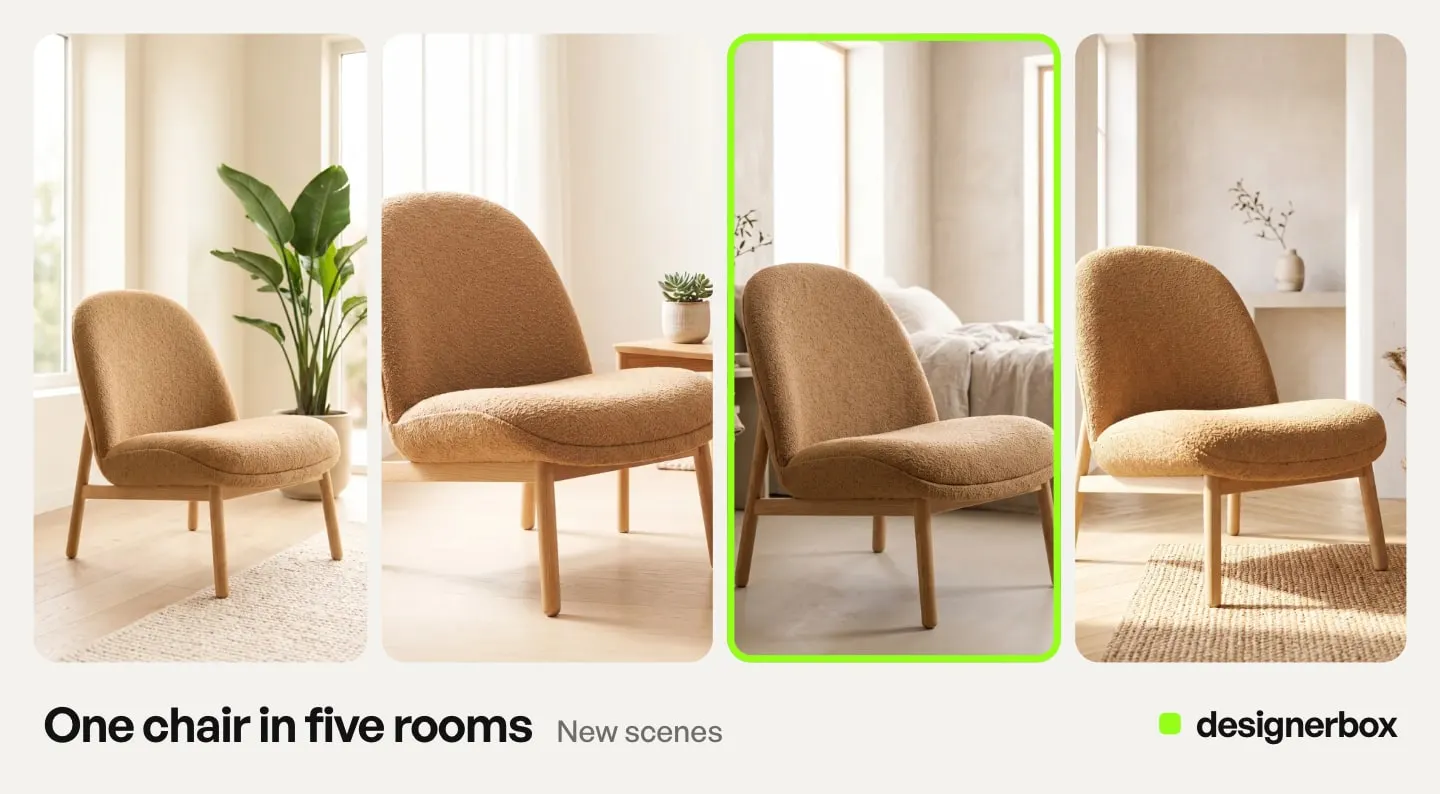 One boucle armchair placed in different rooms, made with DesignerBox