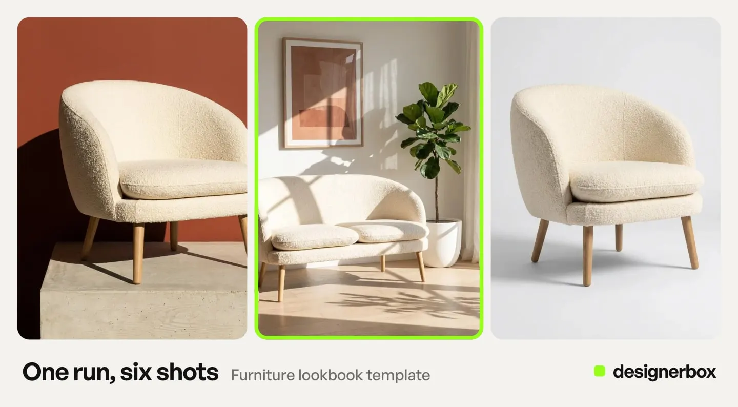 Results from one run of the Furniture lookbook template in DesignerBox, with the boucle loveseat scene marked