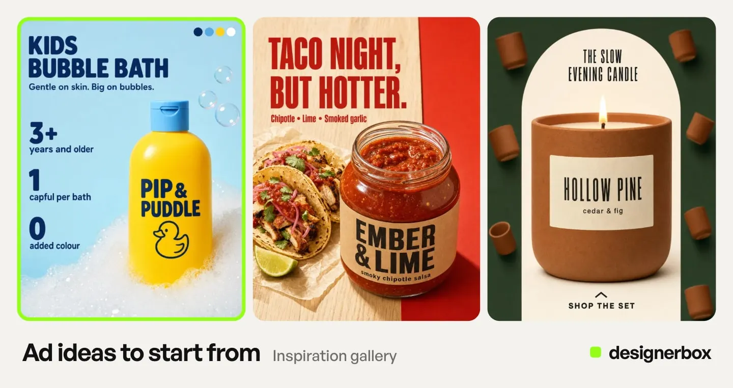 Ad ideas from the DesignerBox Inspiration gallery, with the bubble bath bottle ad marked