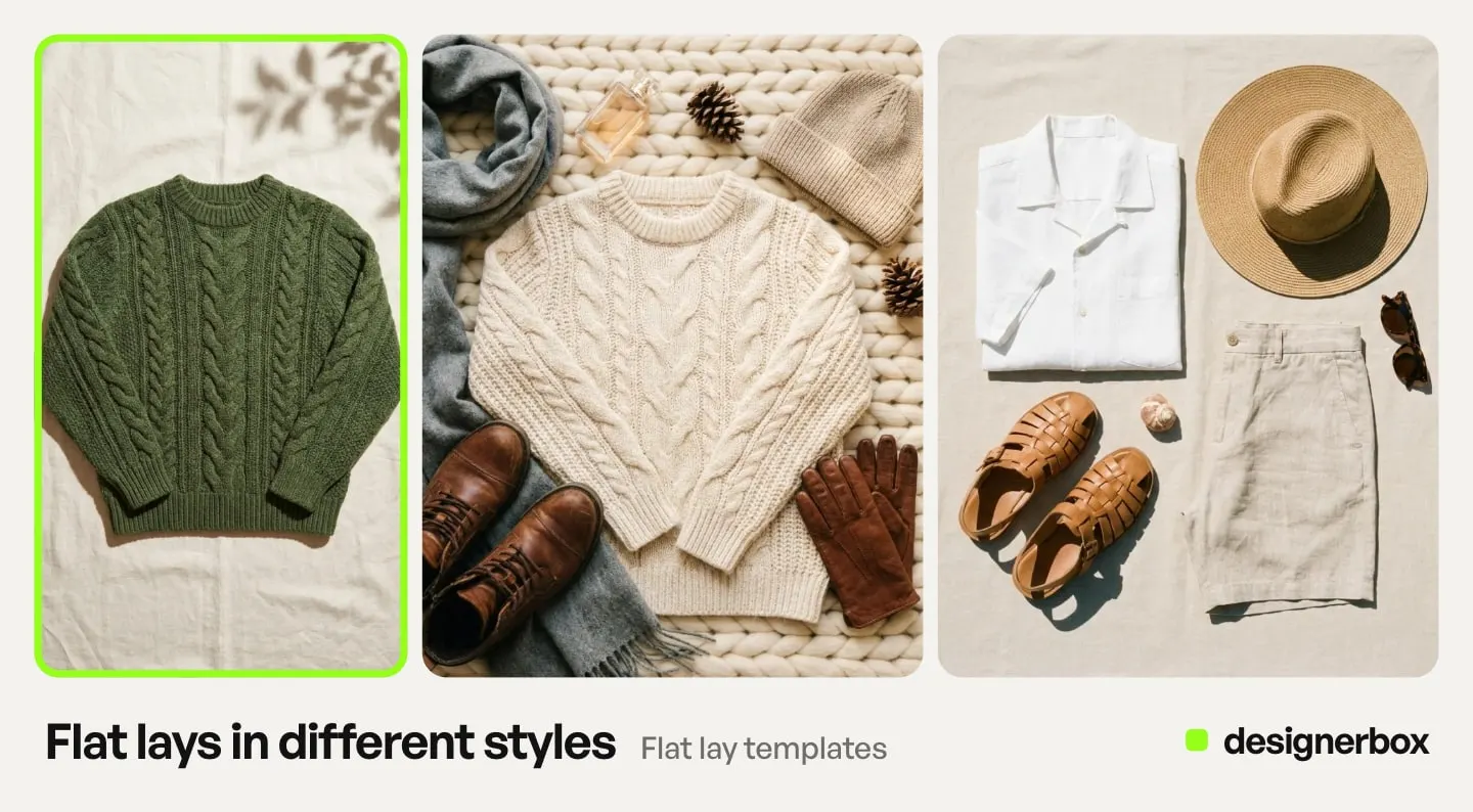 Flat lay templates in DesignerBox, with the cable-knit sweater flat lay marked