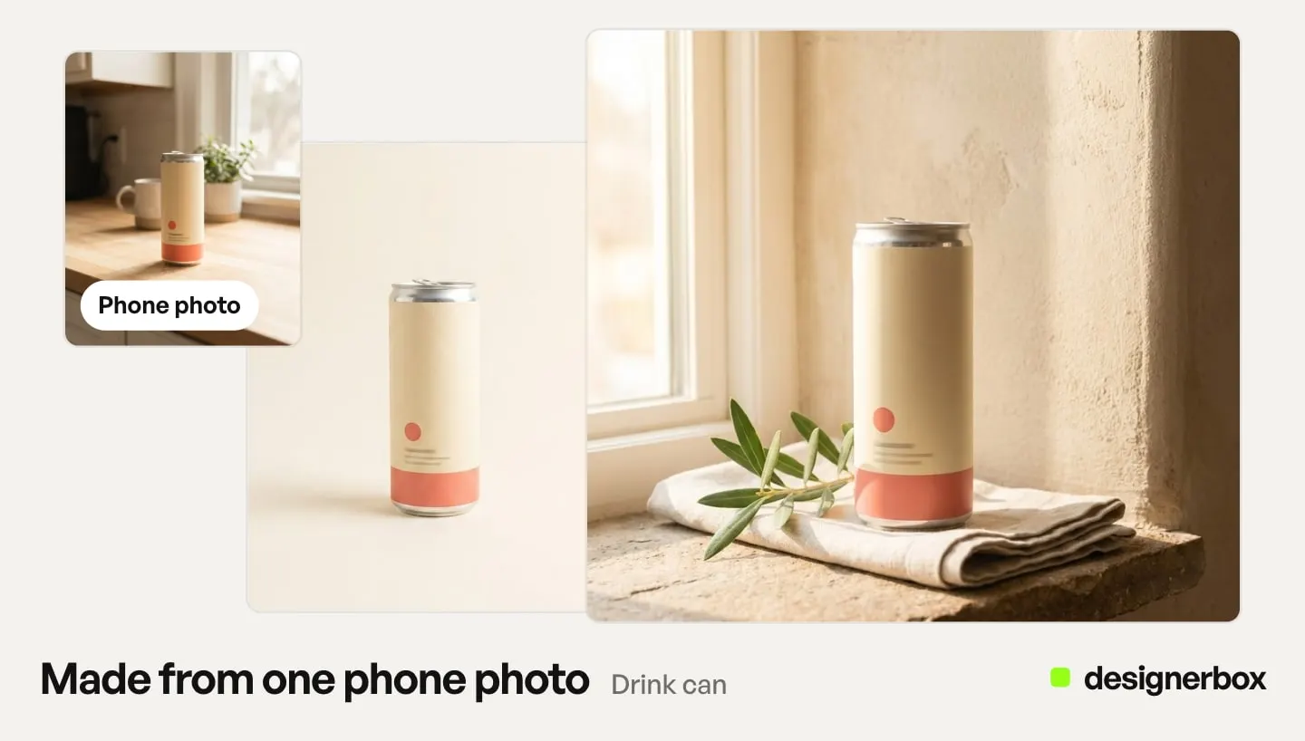 Made with DesignerBox from one phone photo of a slim drink can: a packshot on cream and the can on a sunlit window ledge