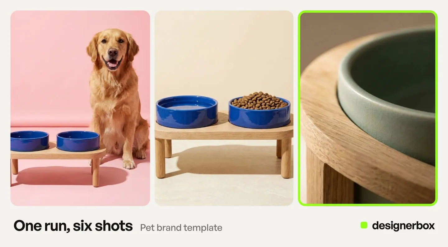 Results from one run of the Pet brand template in DesignerBox, with the ceramic dog bowl close-up marked