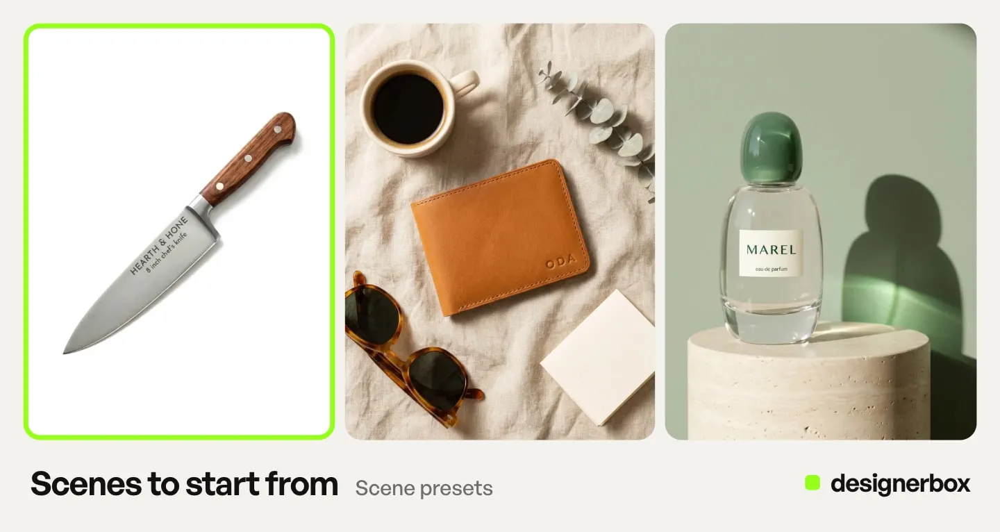 Scene presets in DesignerBox, with the chef knife packshot marked