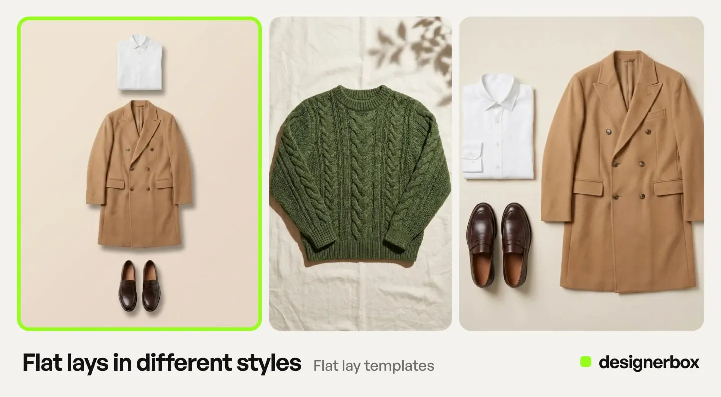 Flat lay templates in DesignerBox, with the coat outfit flat lay marked
