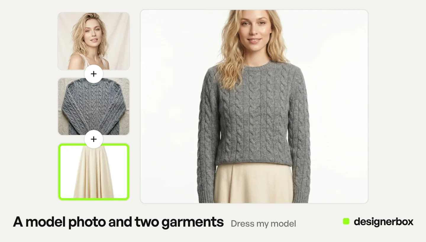 Dress my model in DesignerBox: a model photo, a gray knit sweater and a cream skirt cutout in, the model wearing both out