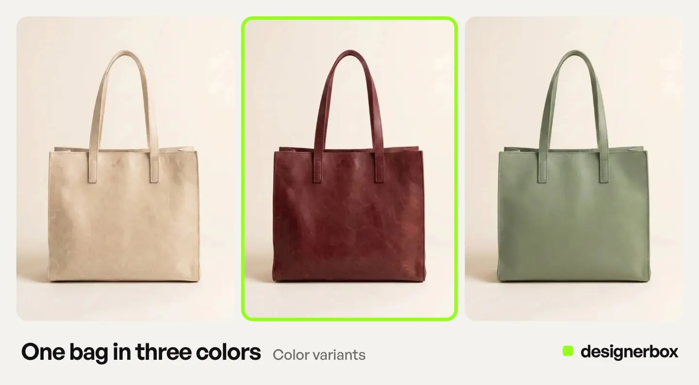 One leather tote in three colors, beige, dark red and sage, made with DesignerBox