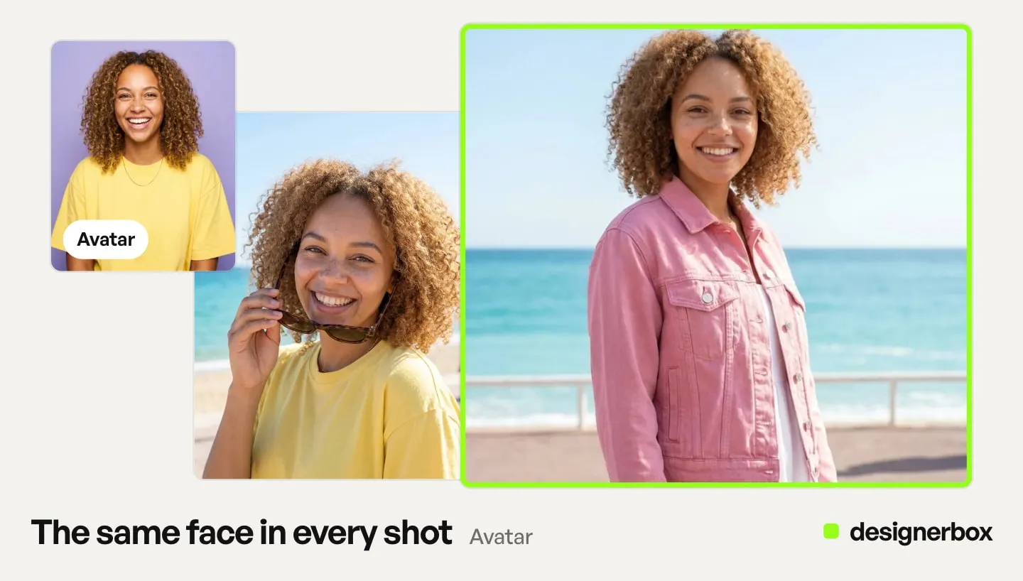 One DesignerBox avatar in three shots: a studio portrait, holding sunglasses, and in a pink denim jacket by the sea