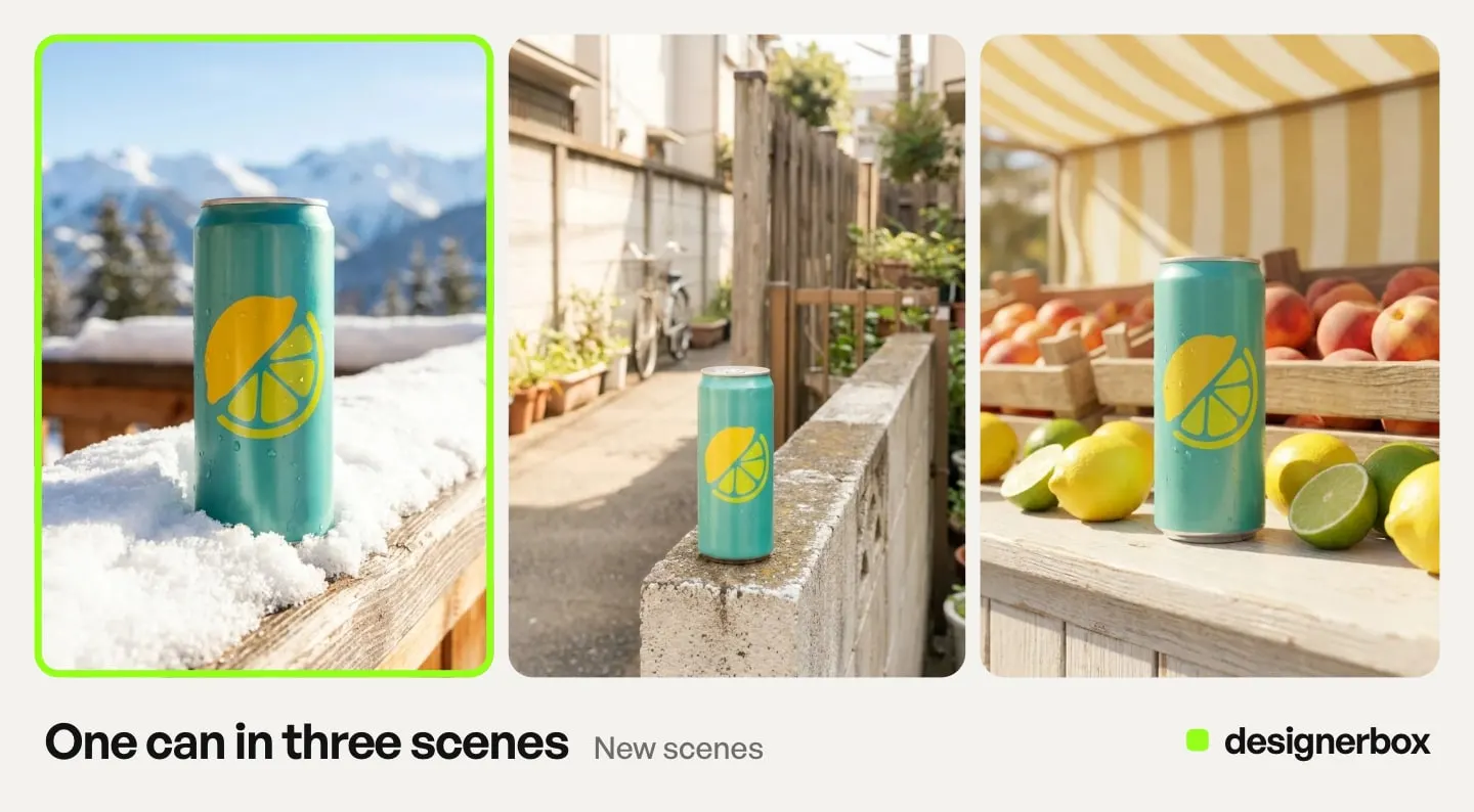 One teal drink can in three scenes, made with DesignerBox, the same product in a new setting each time
