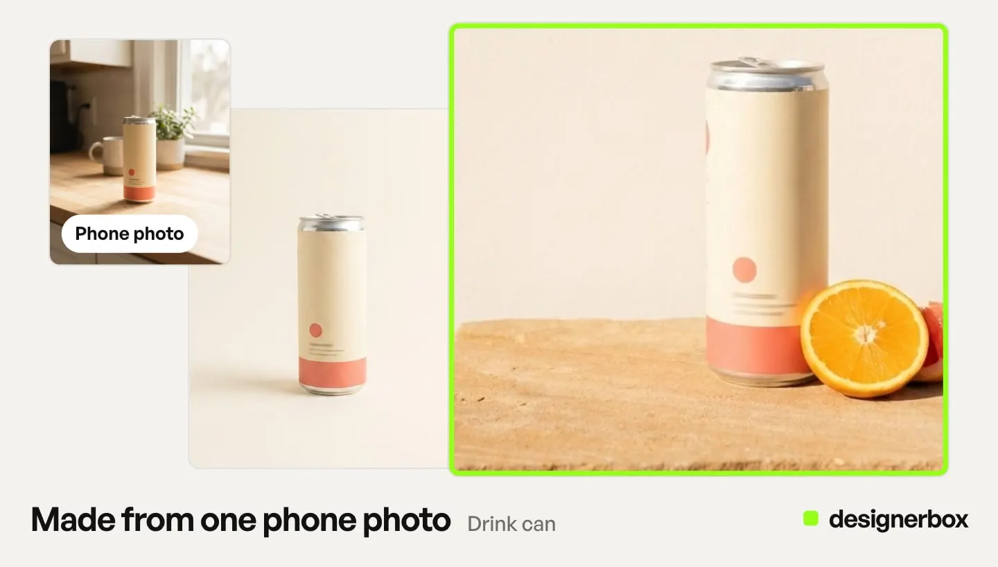 Made with DesignerBox from one phone photo of a slim drink can: a packshot on cream and the can on sandstone