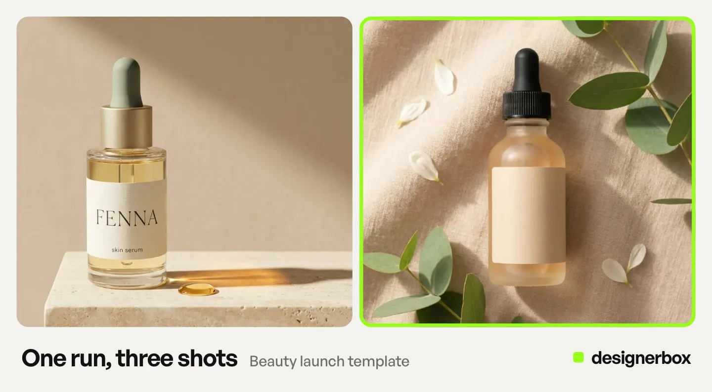 Results from one run of the Beauty launch template in DesignerBox, with the dropper bottle flat lay marked