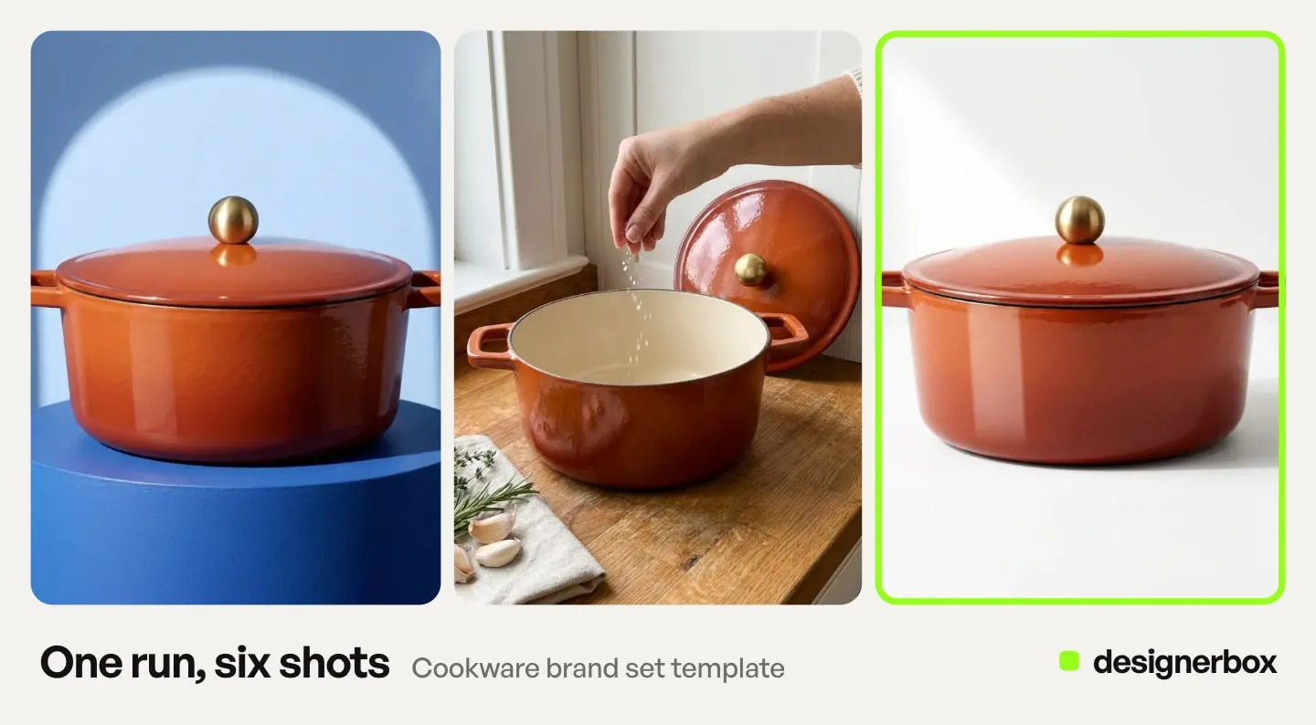 Results from one run of the Cookware brand set template in DesignerBox, with the enamel dutch oven packshot marked