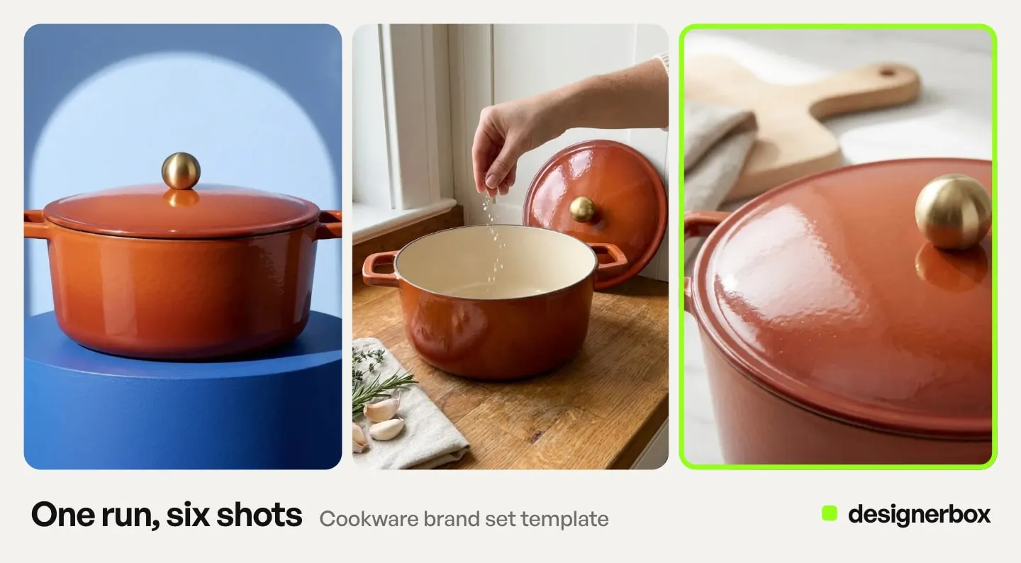 Results from one run of the Cookware brand set template in DesignerBox, with the enamel pot lid close-up marked