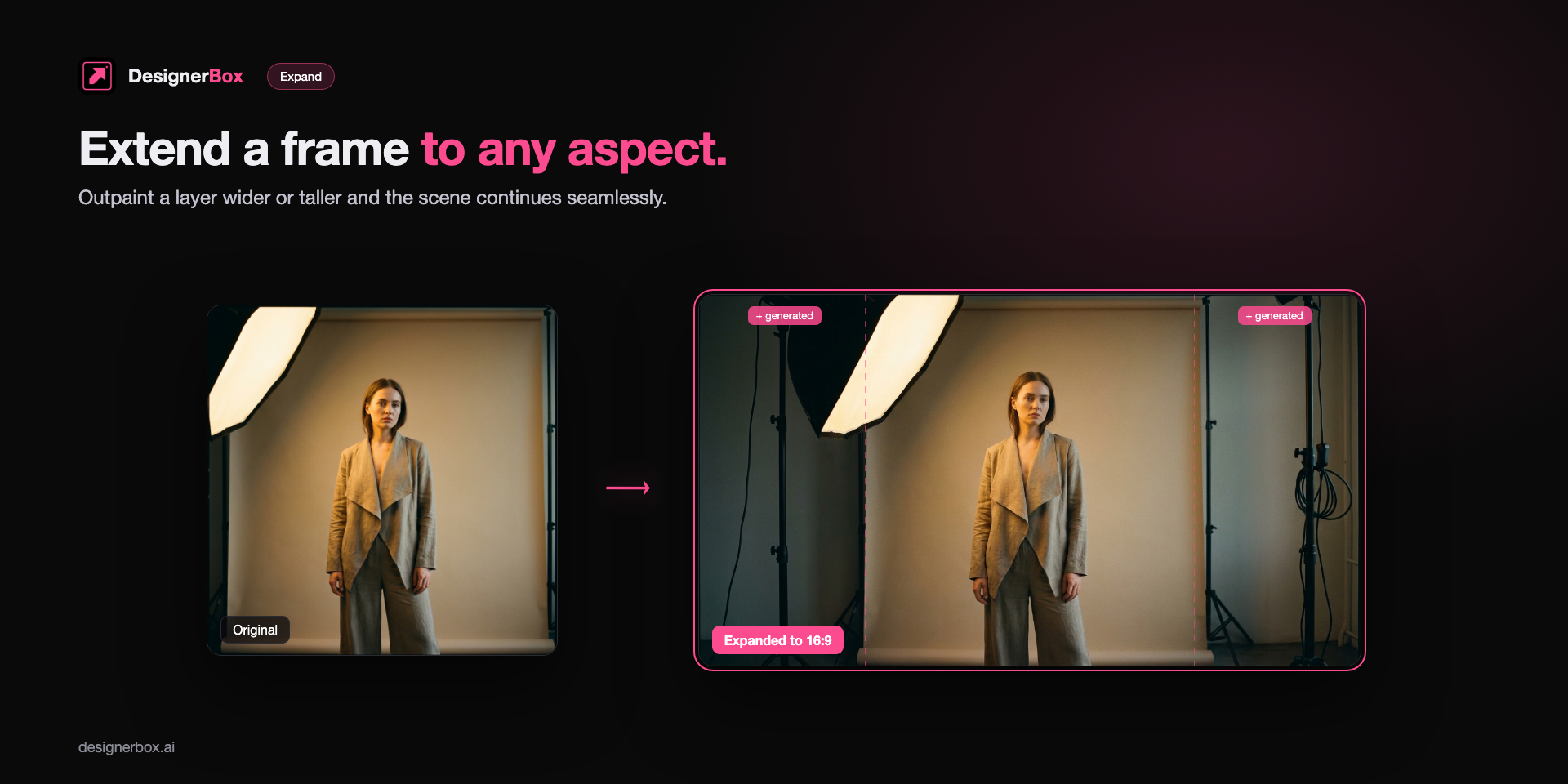 Expanding a square studio photo to a 16:9 frame in Figma, with the generated area continuing the scene