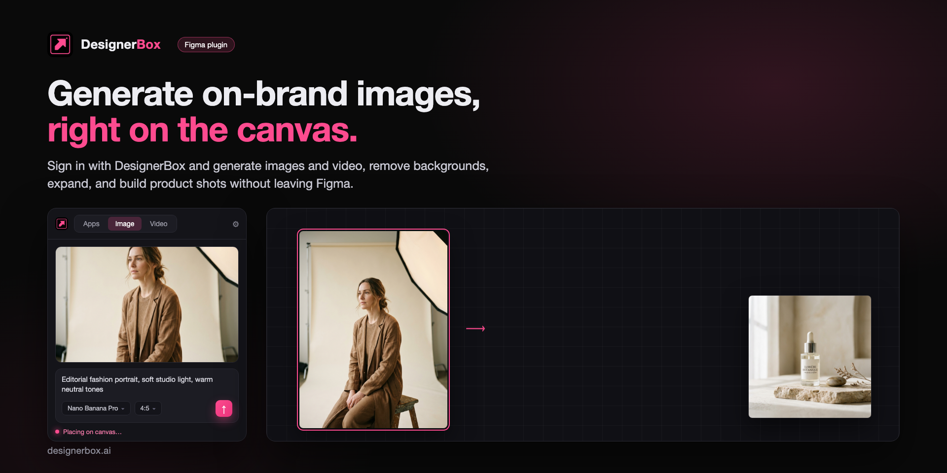 Generating an on-brand image in the DesignerBox Figma plugin, with the result placed directly on the canvas