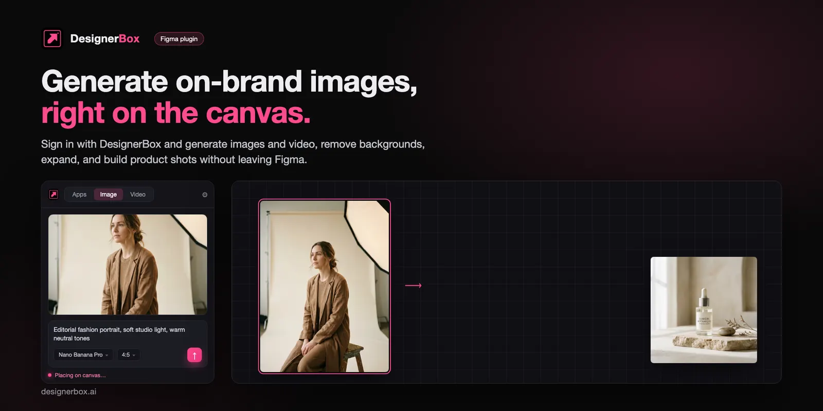Generating an on-brand image in the DesignerBox Figma plugin, with the result placed directly on the canvas