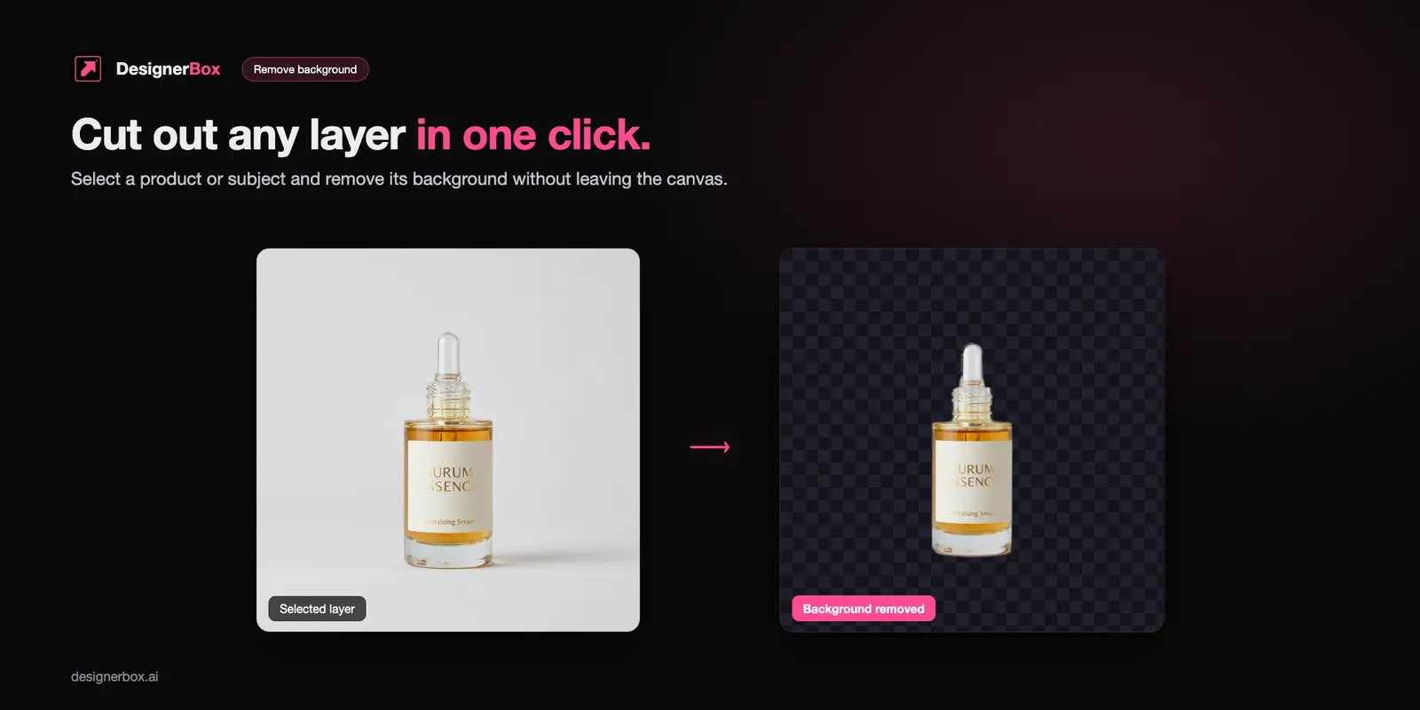 Background removal in Figma, turning a serum bottle product photo into a transparent cutout