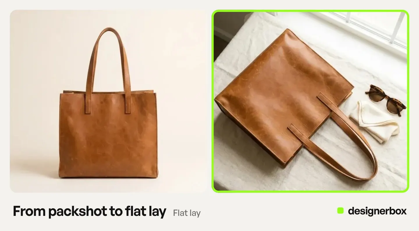 A leather tote packshot and the same bag as a styled flat lay, made with DesignerBox
