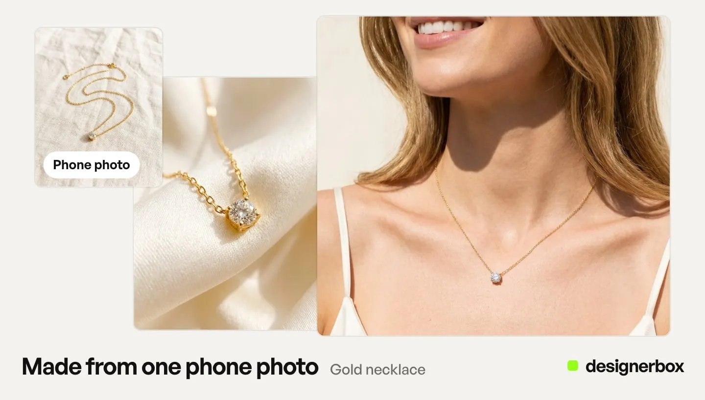 Made with DesignerBox from one phone photo of a gold necklace on linen: a close-up on cream satin and the necklace worn