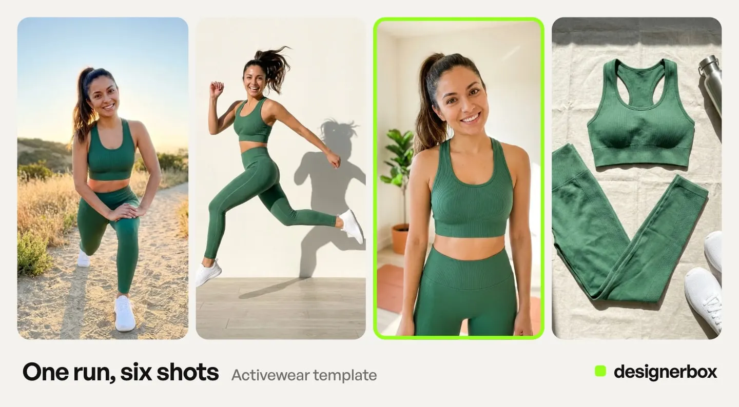 Results from one run of the Activewear template in DesignerBox, with the green activewear set on a model marked