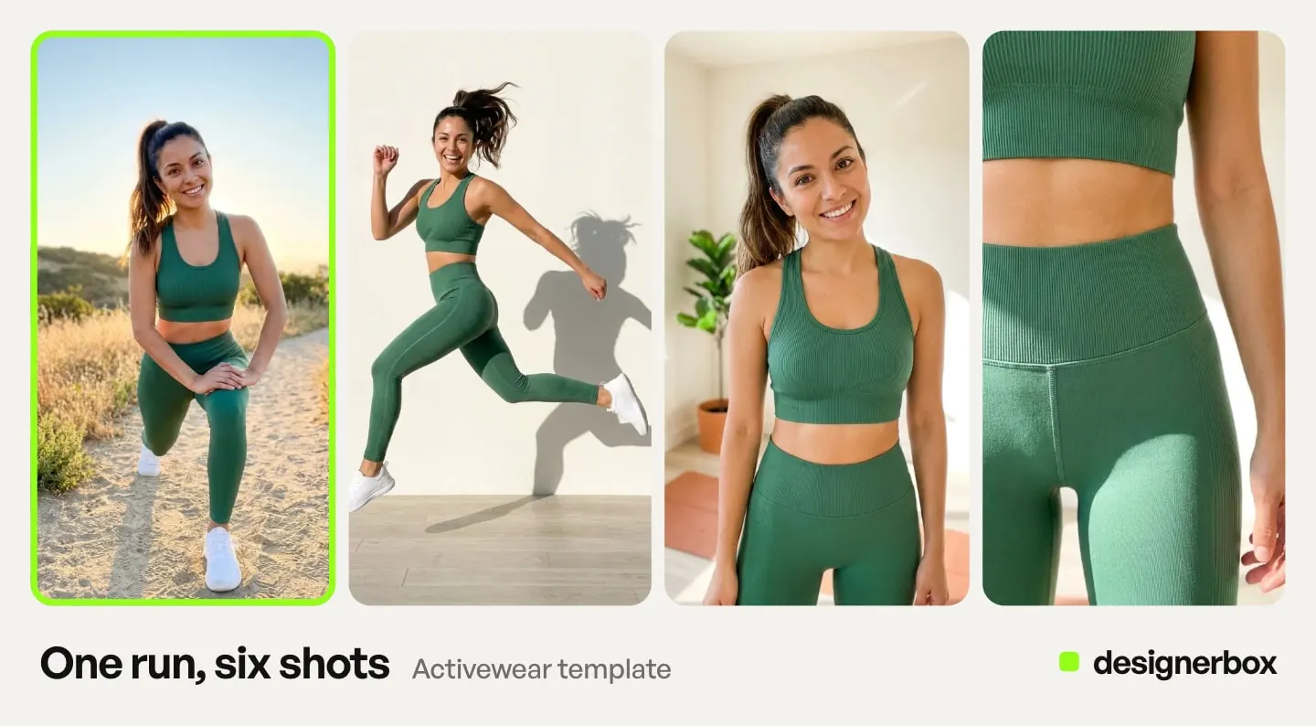 Results from one run of the Activewear template in DesignerBox, with the green activewear set on a model marked