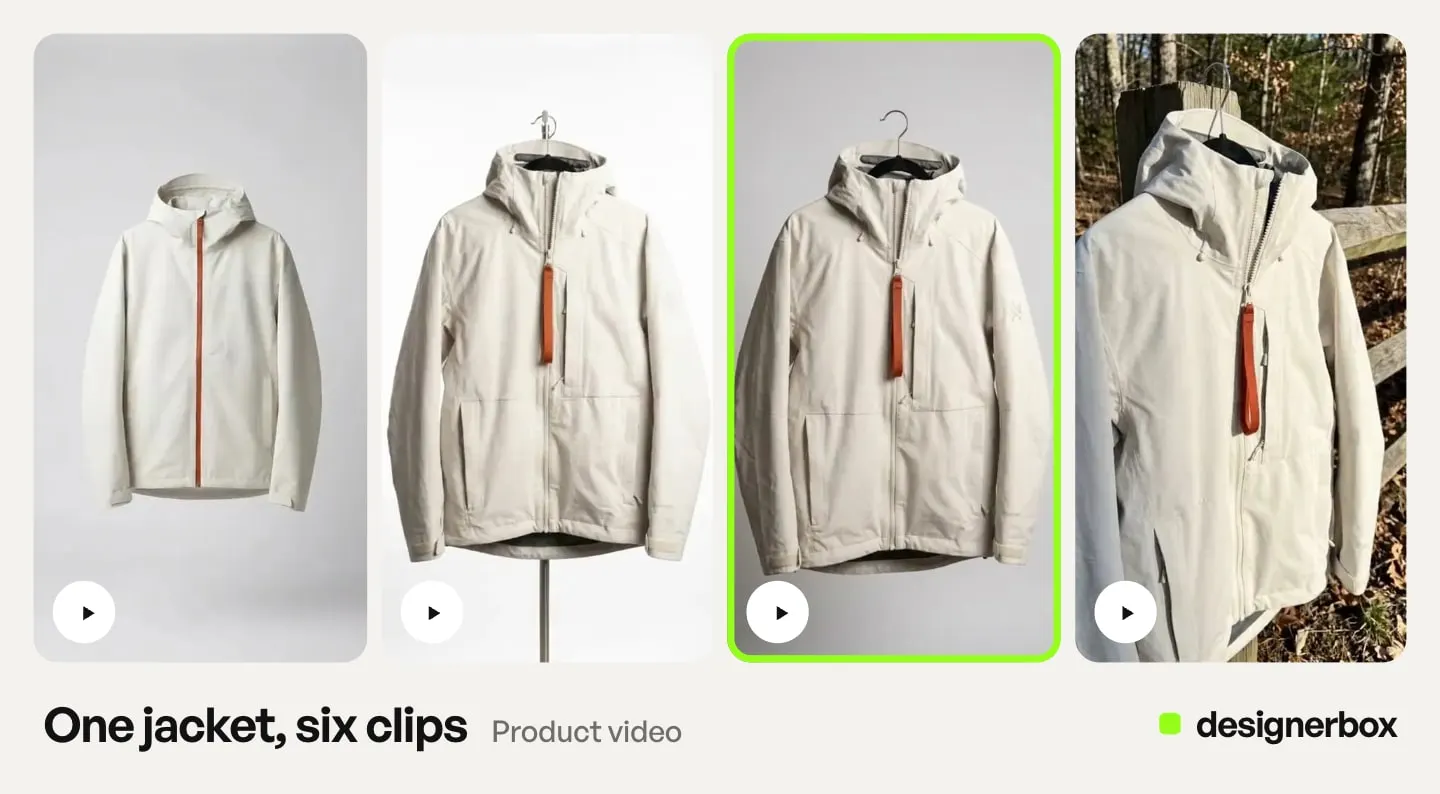 Frames from DesignerBox clips of one cream hooded jacket, on a hanger and worn by a model