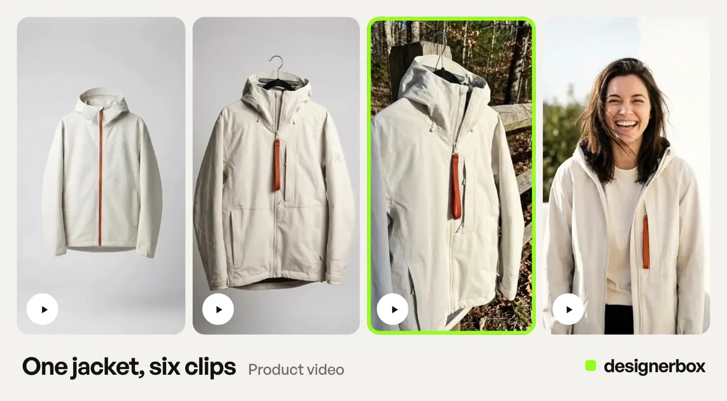 Frames from DesignerBox clips of one cream hooded jacket, on a hanger and worn by a model